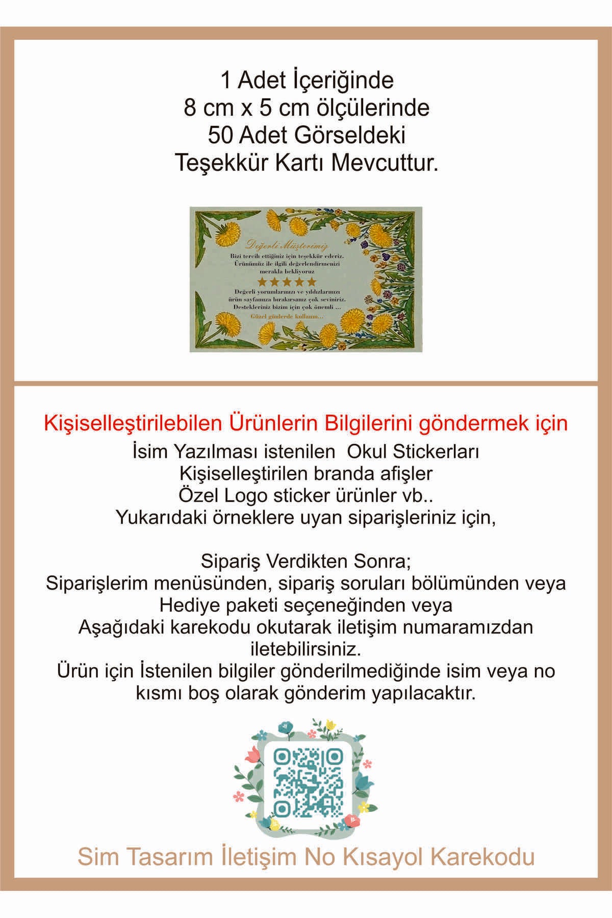 Teşekkür Kartı 100 Adet Kalın gramajlı kağıt