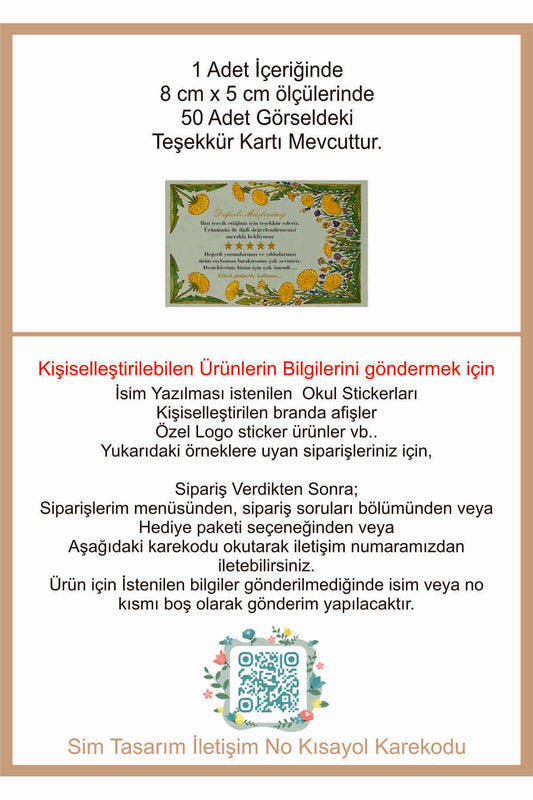 Teşekkür Kartı 100 Adet Kalın gramajlı kağıt