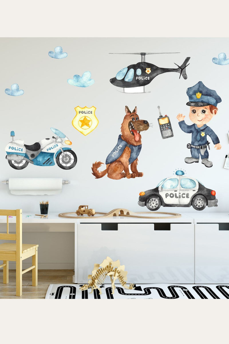 Sevimli Polis Ve Köpeği Çocuk Odası Duvar Sticker Seti