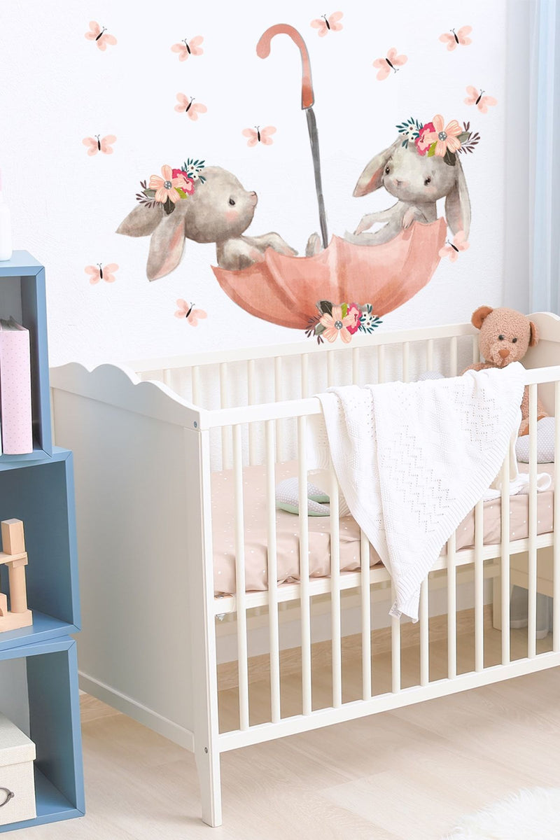 Pembe Şemsiyeli Sevimli Tavşanlar 50 Cm Duvar Sticker Seti