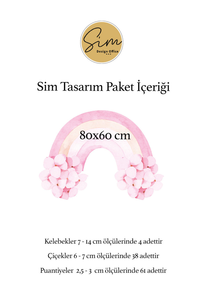 Pembe Çiçekli Gökkuşağı Çiçekler ve Kelebekler Kız Çocuk Odası Duvar Sticker Seti