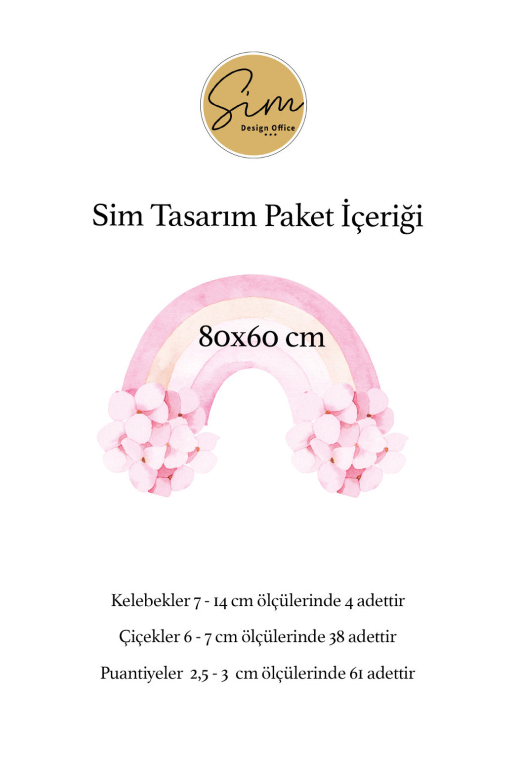 Pembe Çiçekli Gökkuşağı Çiçekler ve Kelebekler Kız Çocuk Odası Duvar Sticker Seti