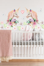 Ikiz Unicorn Suluboya Çiçekler Kız Bebek Çocuk Odası Duvar Sticker Seti