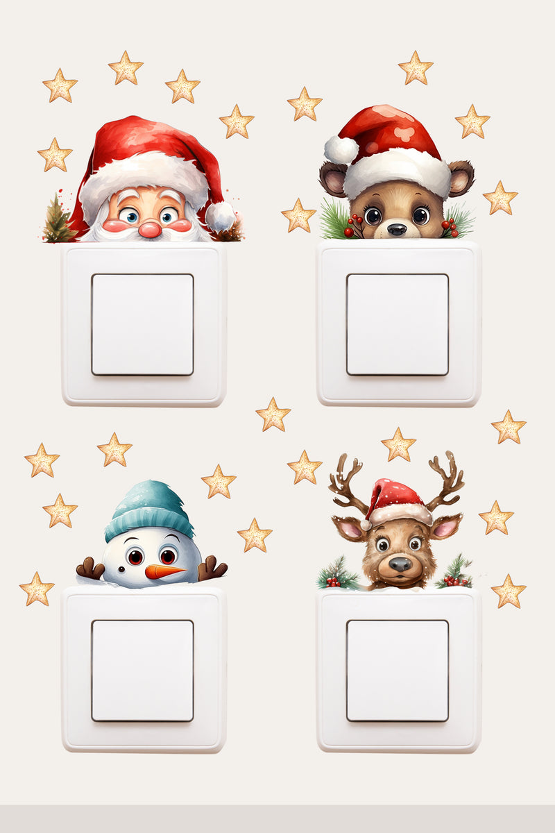 Priz - Yılbaşı 4lü set Noel Baba Kardan Adam Geyik Neşeli Yeni Yıl Dekoratif Sticker