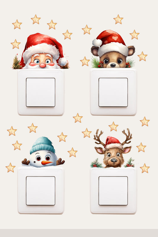 Priz - Yılbaşı 4lü set Noel Baba Kardan Adam Geyik Neşeli Yeni Yıl Dekoratif Sticker