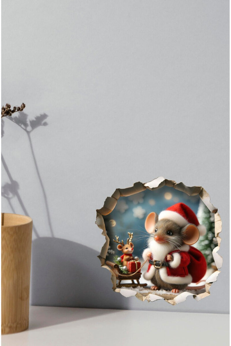 Yılbaşı Noel Kostümlü Sevimli Fare Yeniyıl Dekoratif Koridor Duvar Cam Kapı Sticker