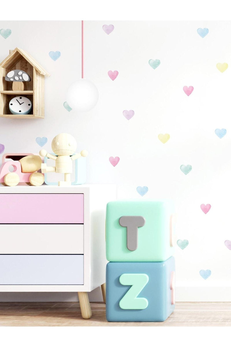 - Sim167 - Pastel Suluboya Kalpler Duvar Sticker Set Renkli