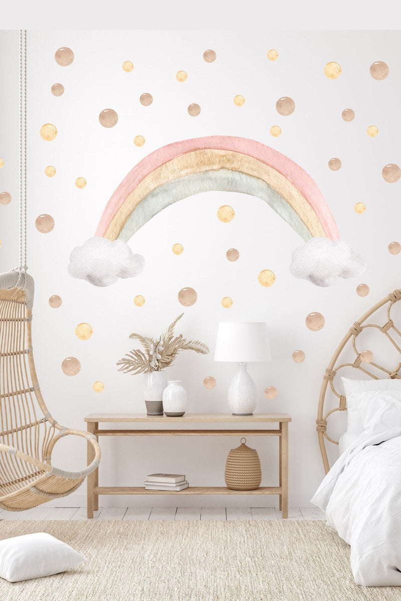 Soft Renk Gökkuşağı Ve Kahverengi Tonlarda Puantiyeler Çocuk Odası Duvar Sticker Seti