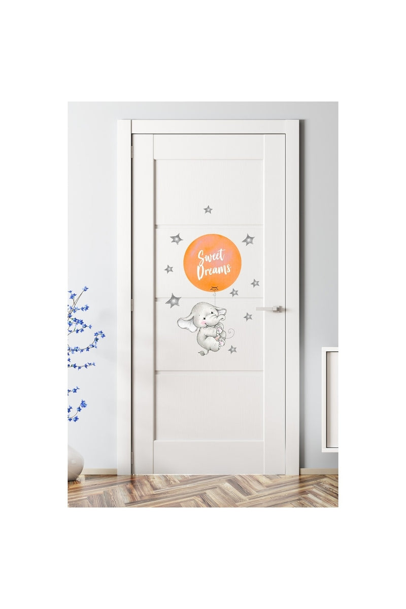 - Sim156- Turuncu Balonlu Fil Kapı Duvar Sticker Renkli