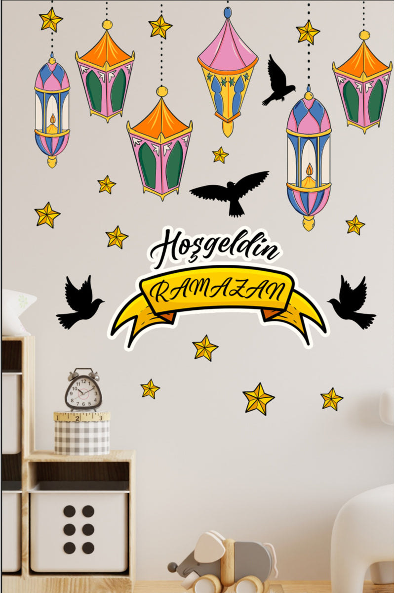 Hoşgeldin Ramazan Renkli Fener Sarkıt Kuşlar Dekoratif Cam Duvar Sticker Seti