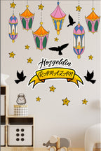 Hoşgeldin Ramazan Renkli Fener Sarkıt Kuşlar Dekoratif Cam Duvar Sticker Seti