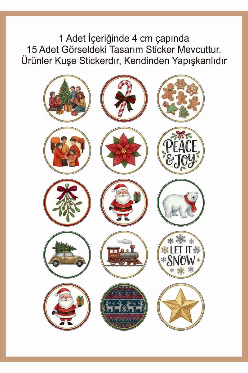 15 farklı model yılbaşı hediye sticker, paketleme üzerine süsleme, 4 cm boyut