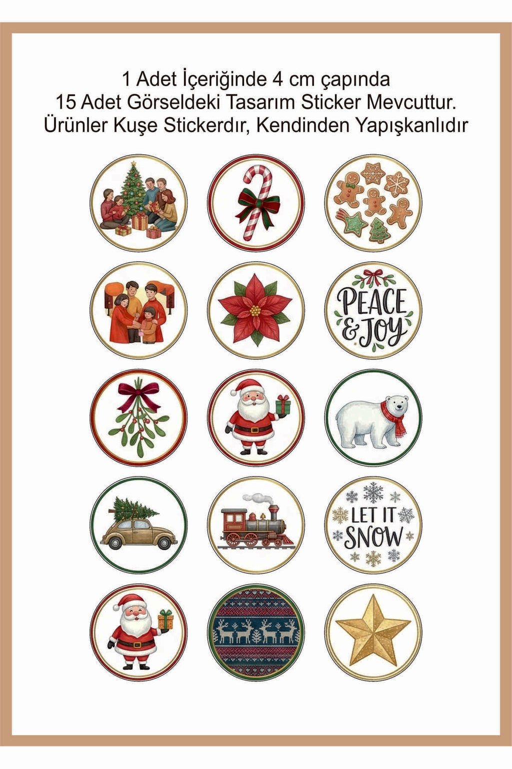 15 farklı model yılbaşı hediye sticker, paketleme üzerine süsleme, 4 cm boyut