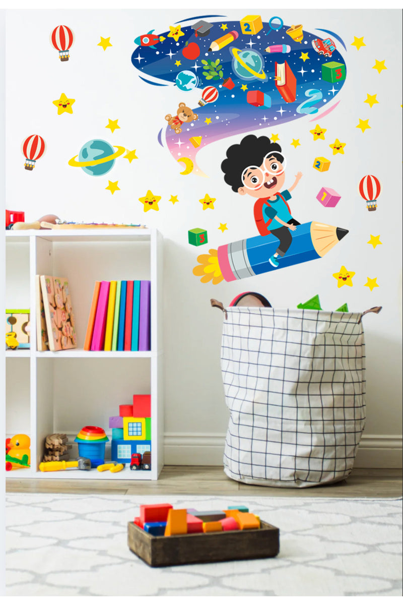 Kalem Uzay-Roket Okula Dönüş Anaokulu Kreş Okul Çocuk Odası Duvar Kapı Sticker