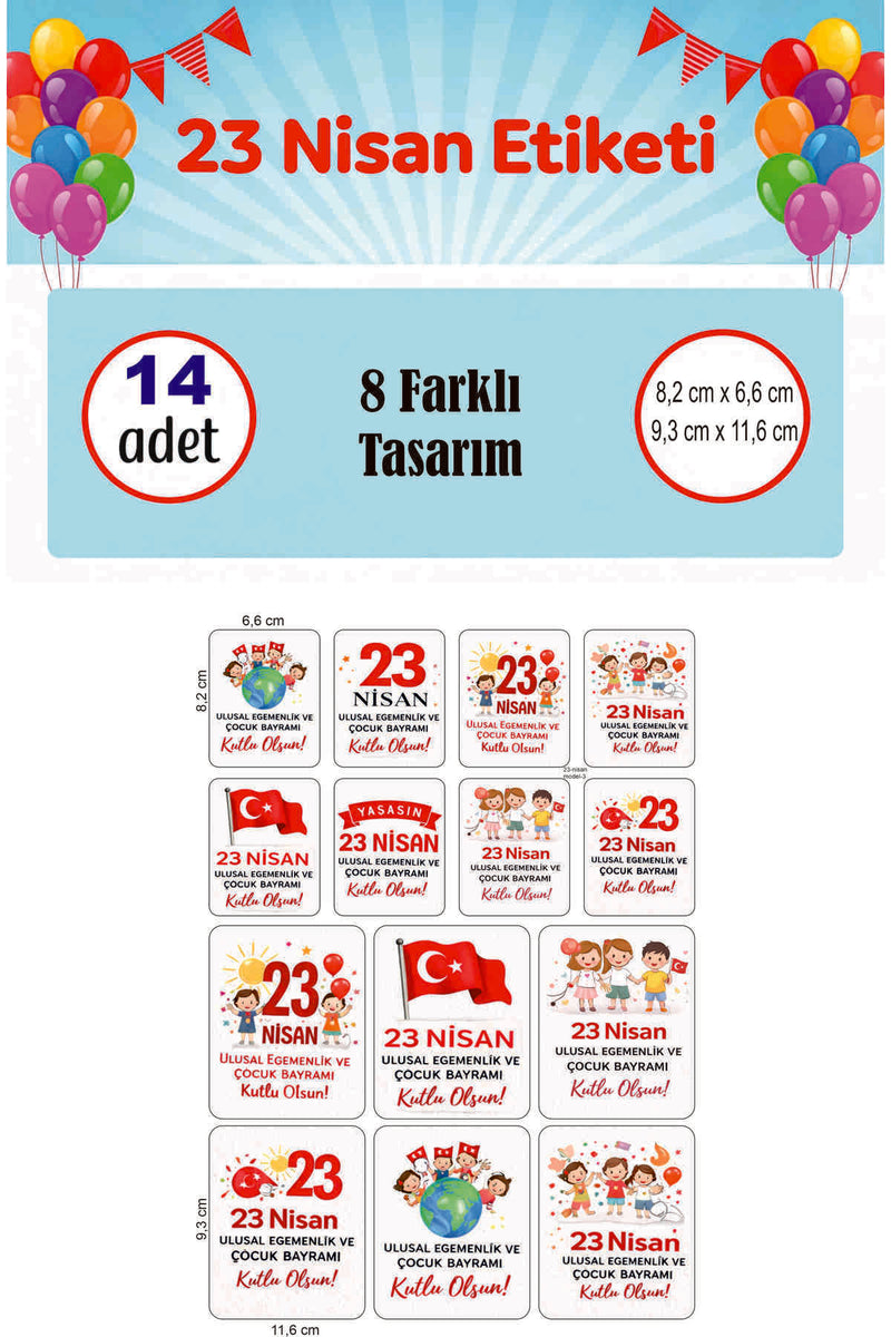 23 Nisan Etiketi Renkli Balonlu Ve Bayraklı Ulusal Egemenlik Ve Çocuk Bayramı Sticker