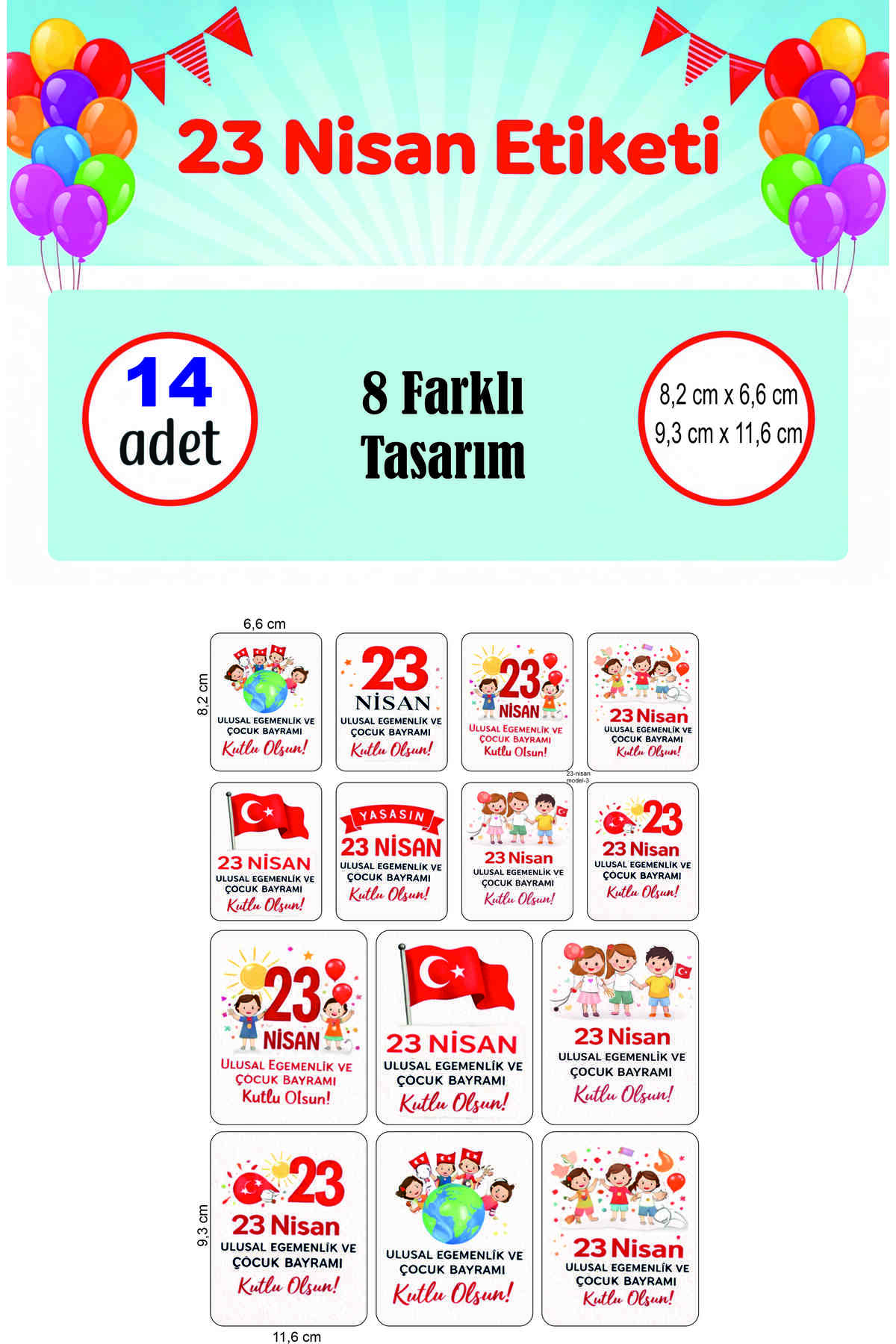 23 Nisan Etiketi Renkli Balonlu Ve Bayraklı Ulusal Egemenlik Ve Çocuk Bayramı Sticker