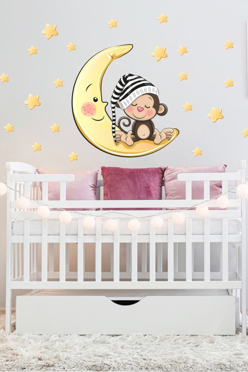 Sarı Ay Üzerinde Uyuyan Şapkalı Maymun Ve Yıldızlar Çocuk Odası Duvar Sticker - Sim551