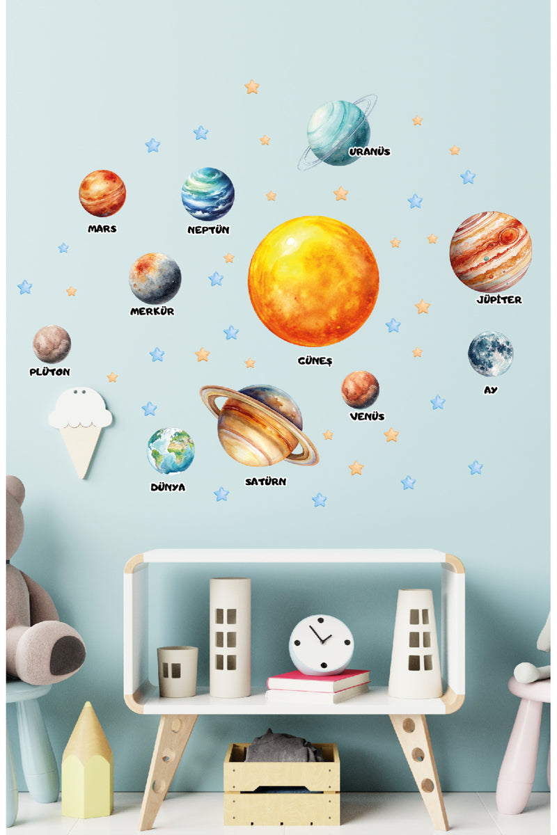 Türkçe isimli Gezegenler Ve Yıldızlar Çocuk Odası - Anaokulu - Kreş Duvar Sticker Seti