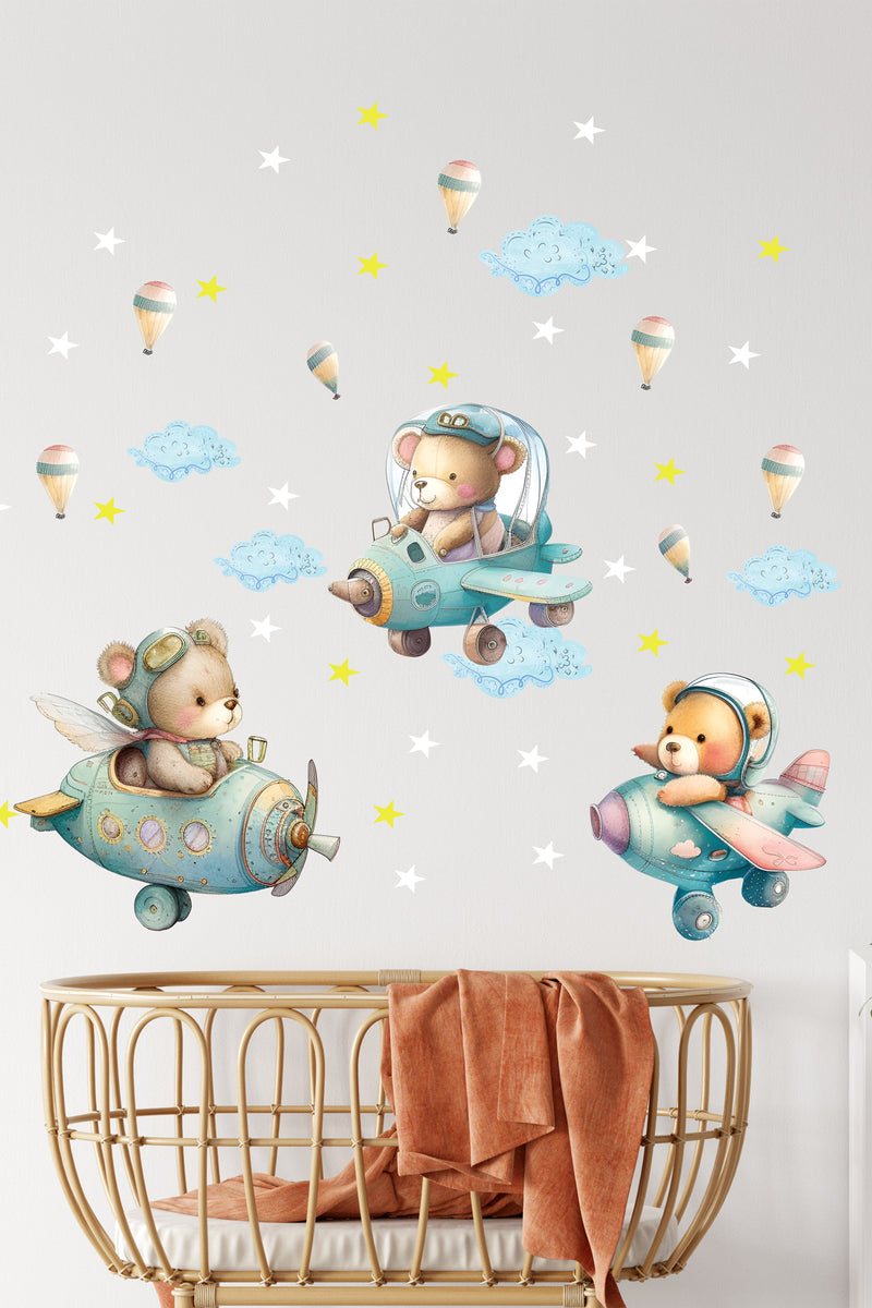 Retro Pilot Ayılar Çocuk Odası Dekoratif Duvar Sticker Seti