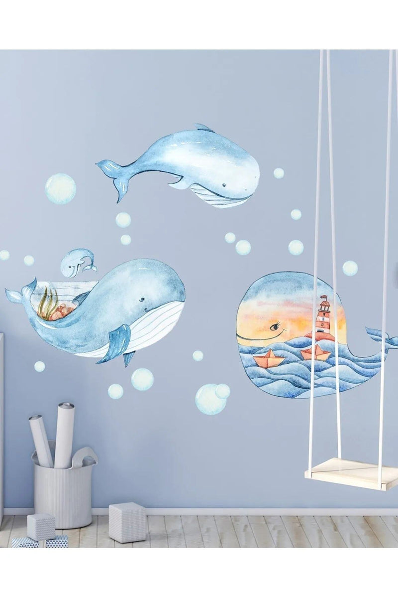 Deniz Temalı Mavi Balinalar Duvar Sticker Seti Renkli