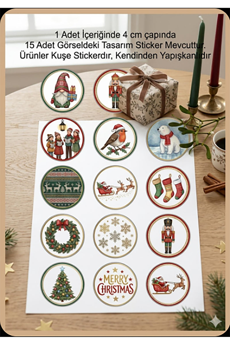 15 farklı model yılbaşı hediye sticker, paketleme üzerine süsleme, 4 cm boyut