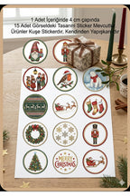15 farklı model yılbaşı hediye sticker, paketleme üzerine süsleme, 4 cm boyut
