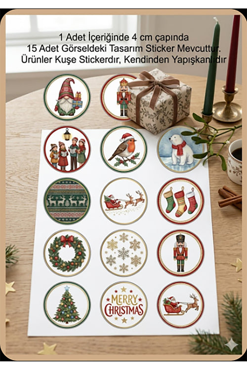 15 farklı model yılbaşı hediye sticker, paketleme üzerine süsleme, 4 cm boyut