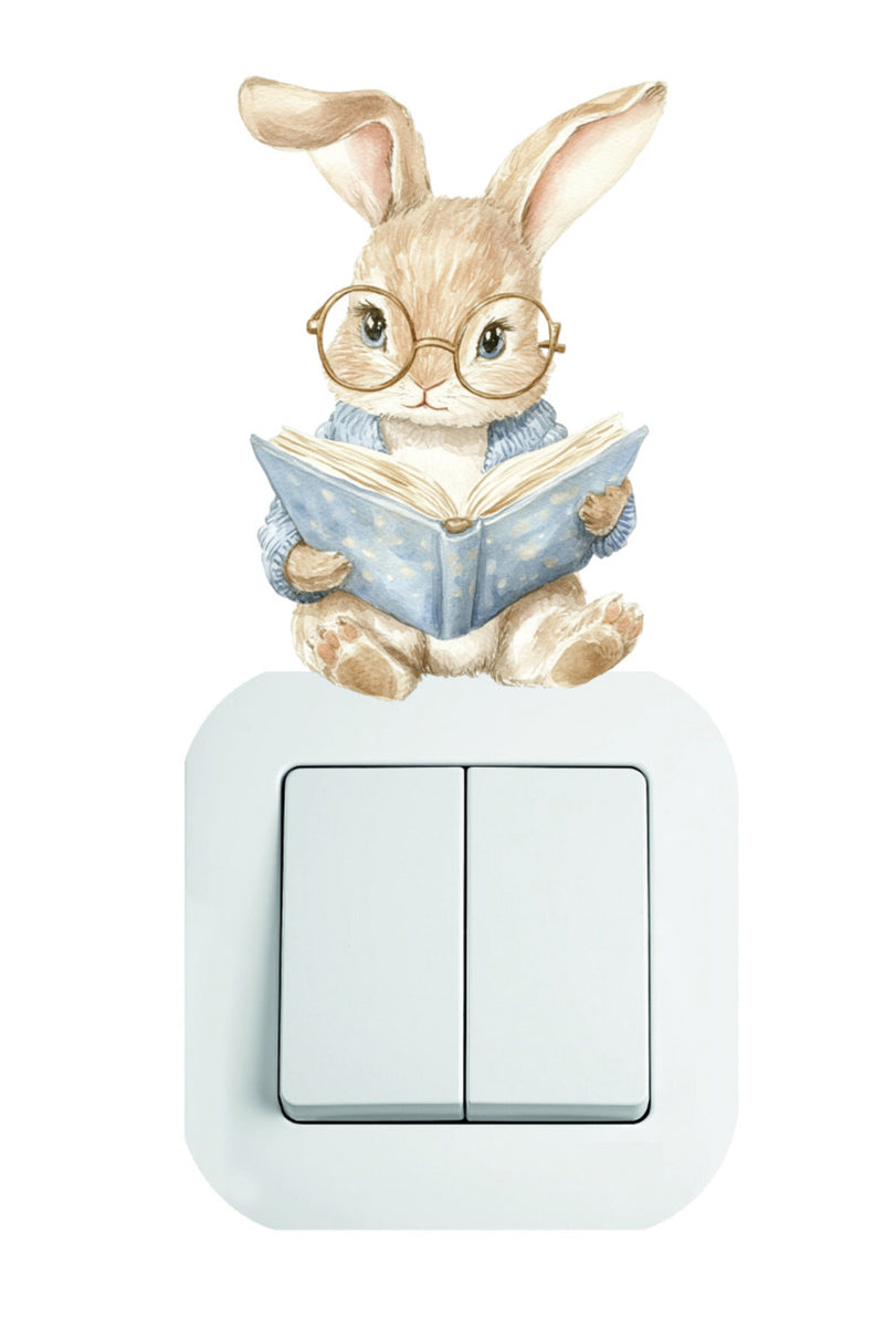 - Priz - Mavi Kitap Okuyan Tavşan Dekoratif Priz Duvar Sticker