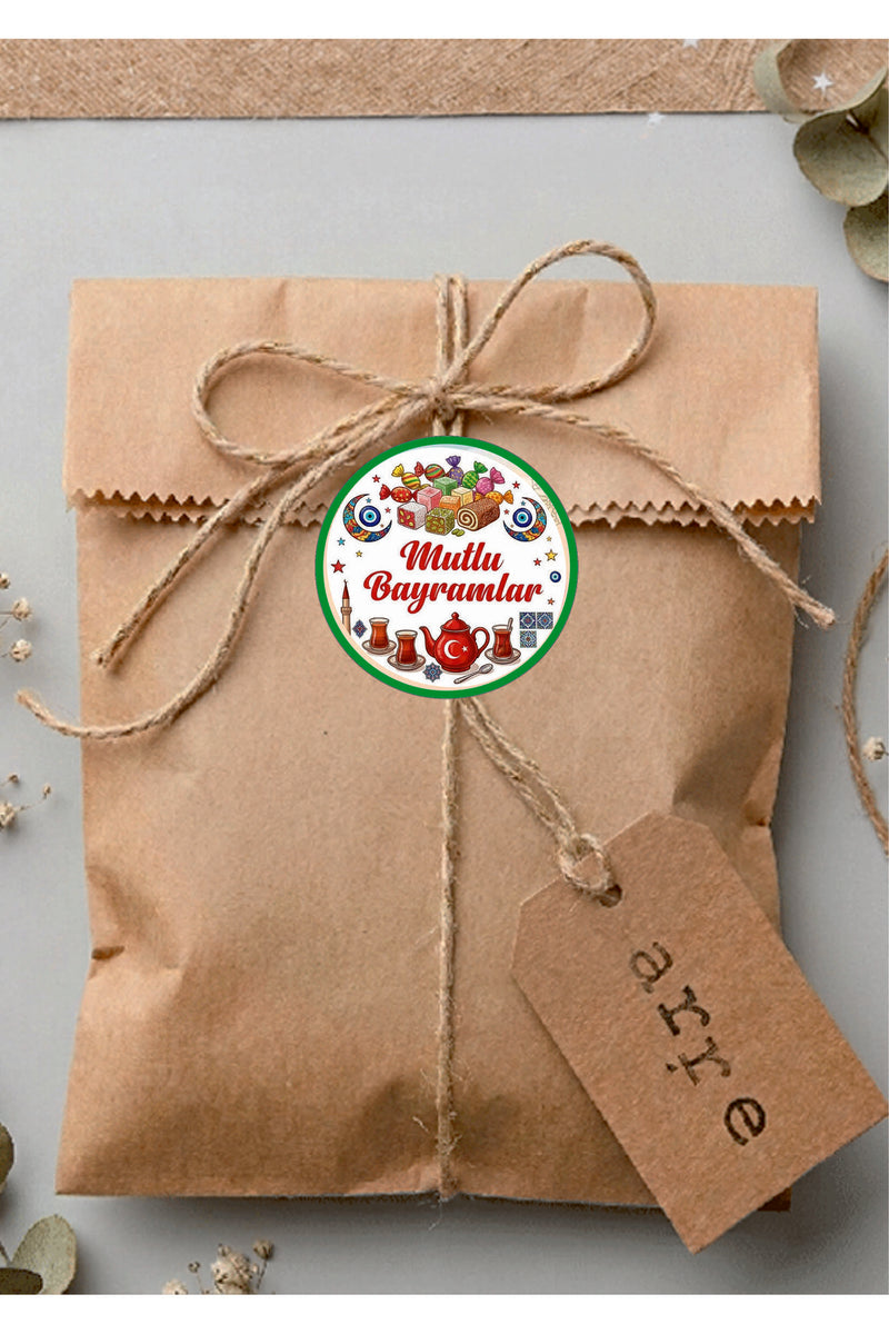 Mutlu Bayramlar yazılı, Paketleme Kutularına Özel Tasarım Etiketler 4 cm Çapında 15 Adet Etiket