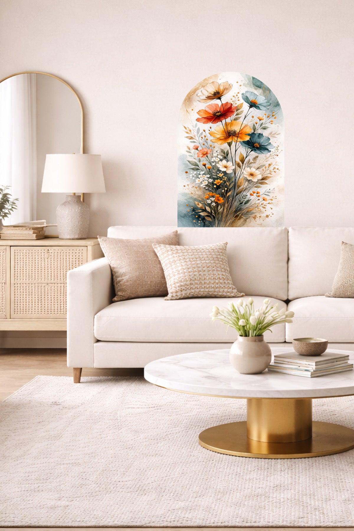 Boho Oval Çiçekli & Çiçek , Manzara Desenli Dekoratif Duvar Sticker Seti