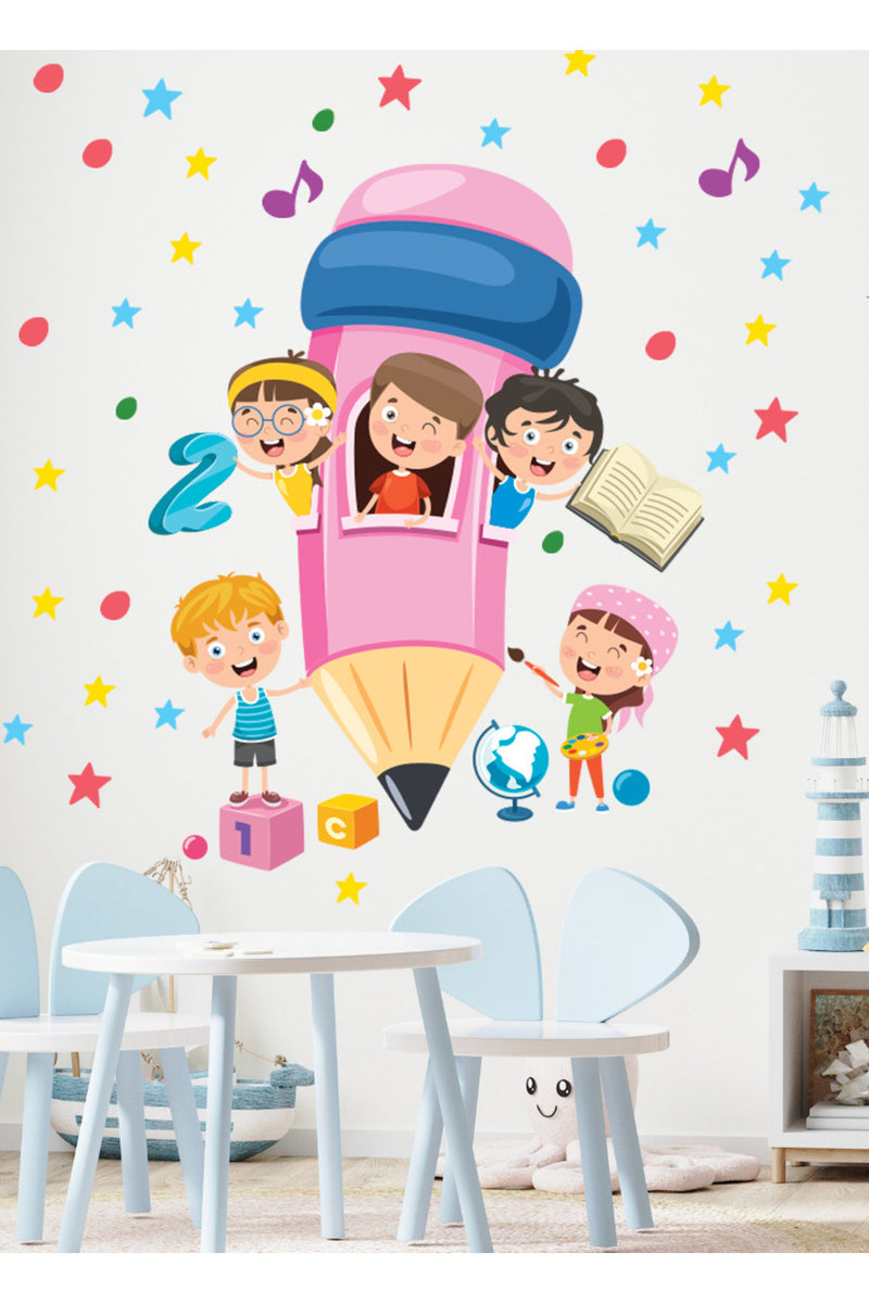 Dev Pembe Kalem Okula Dönüş Anaokulu Kreş Duvar Süsleme Sticker