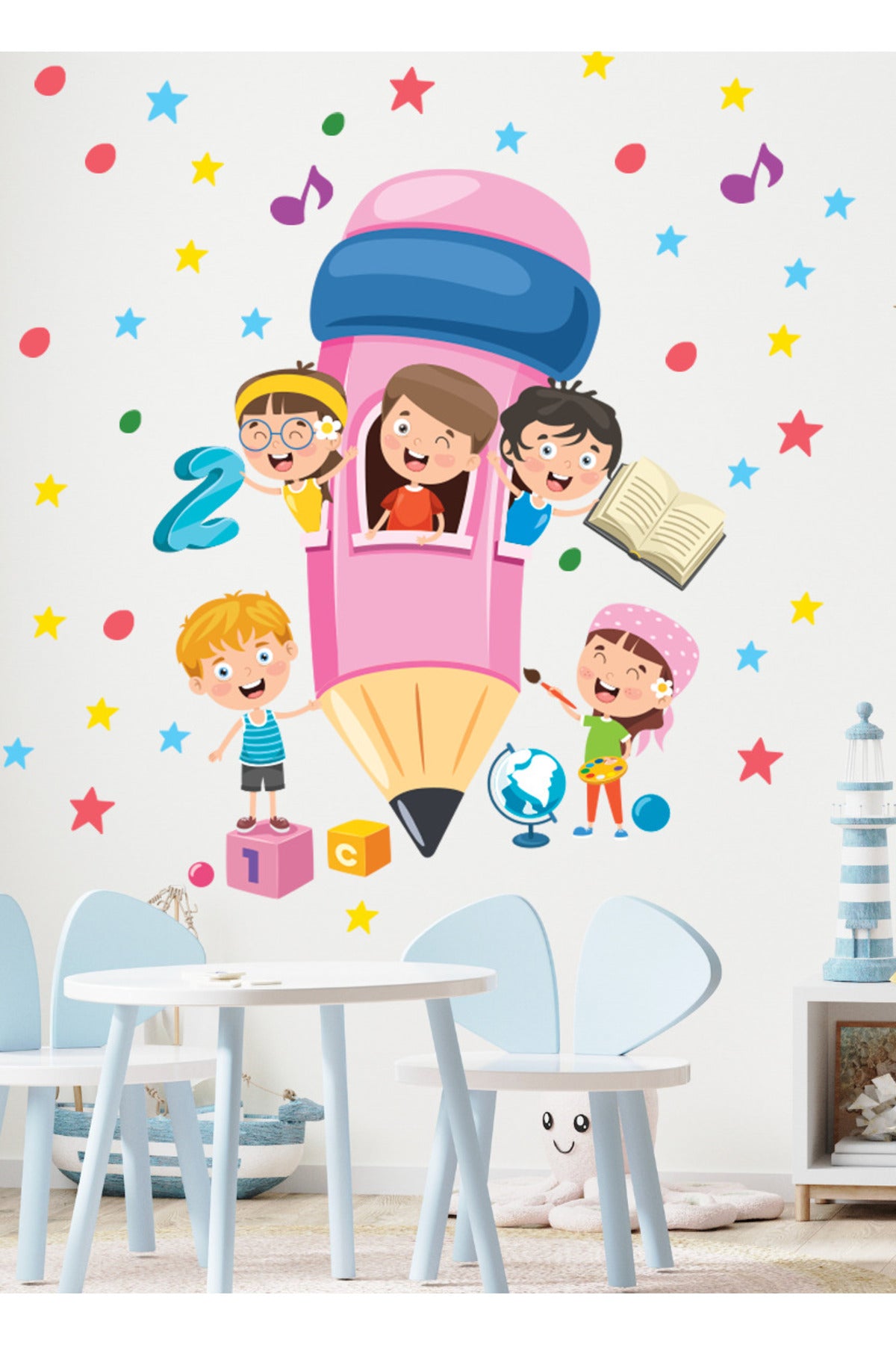 Dev Pembe Kalem Okula Dönüş Anaokulu Kreş Duvar Süsleme Sticker