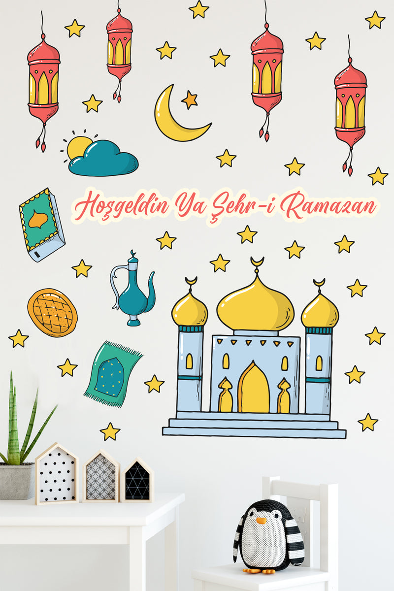 Ramazan Temalı Cami Hilal Ramazan Figürleri Cam Kapı Duvar Sticker Seti