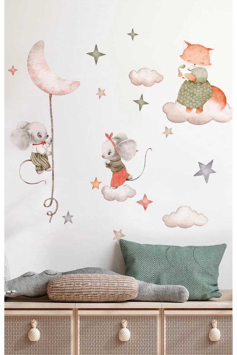 Pastel Sevimli Tilki ve Fare Kardeşler Çocuk Odası Duvar Sticker Seti