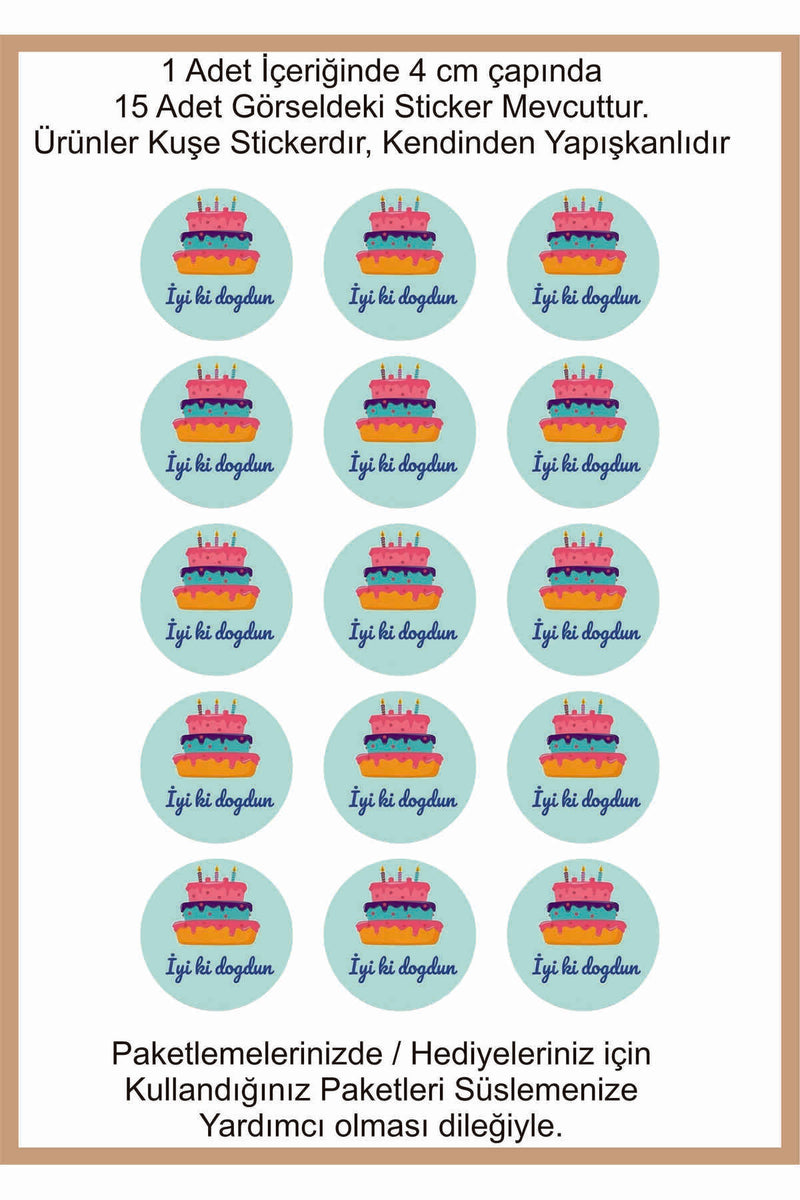 Doğum Günü tebrik sticker seti, 4x4 cm 15 adet Etiket seti
