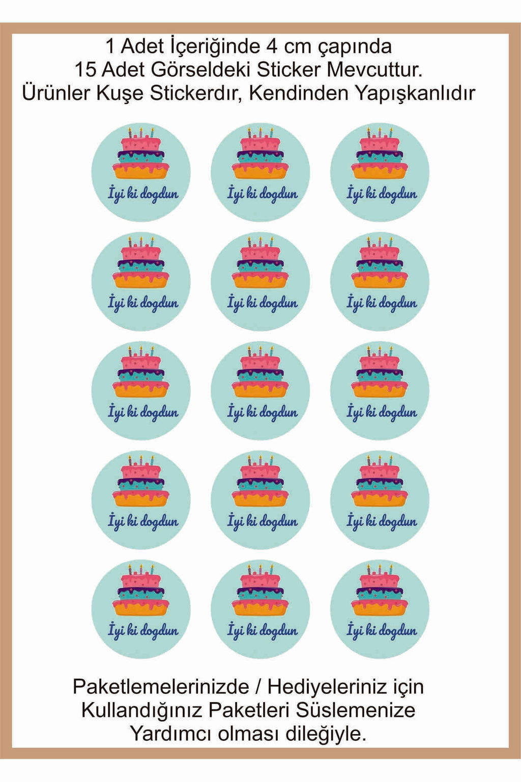 Doğum Günü tebrik sticker seti, 4x4 cm 15 adet Etiket seti