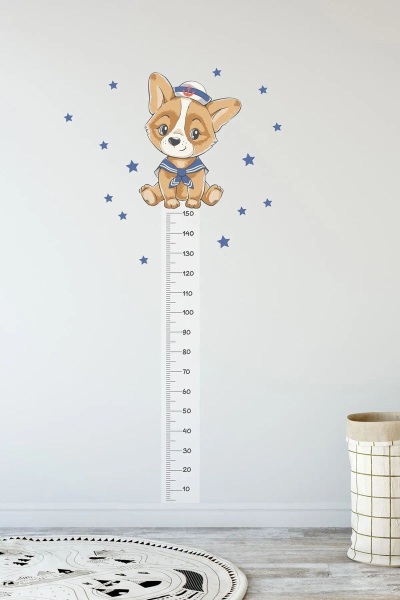 - Sevimli Kaptan Köpek Boy Ölçer Duvar Sticker Renkli - Sim41
