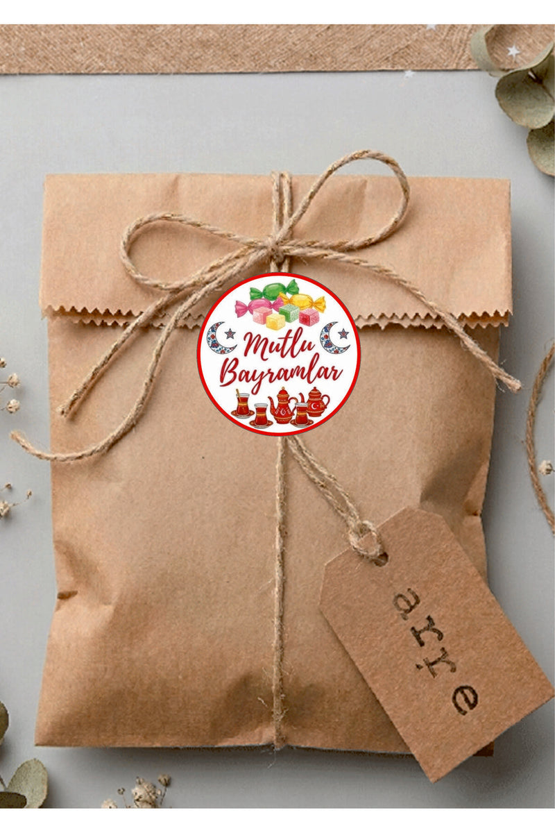 Mutlu Bayramlar yazılı, Paketleme Kutularına Özel Tasarım Etiketler 4 cm Çapında 15 Adet Etiket