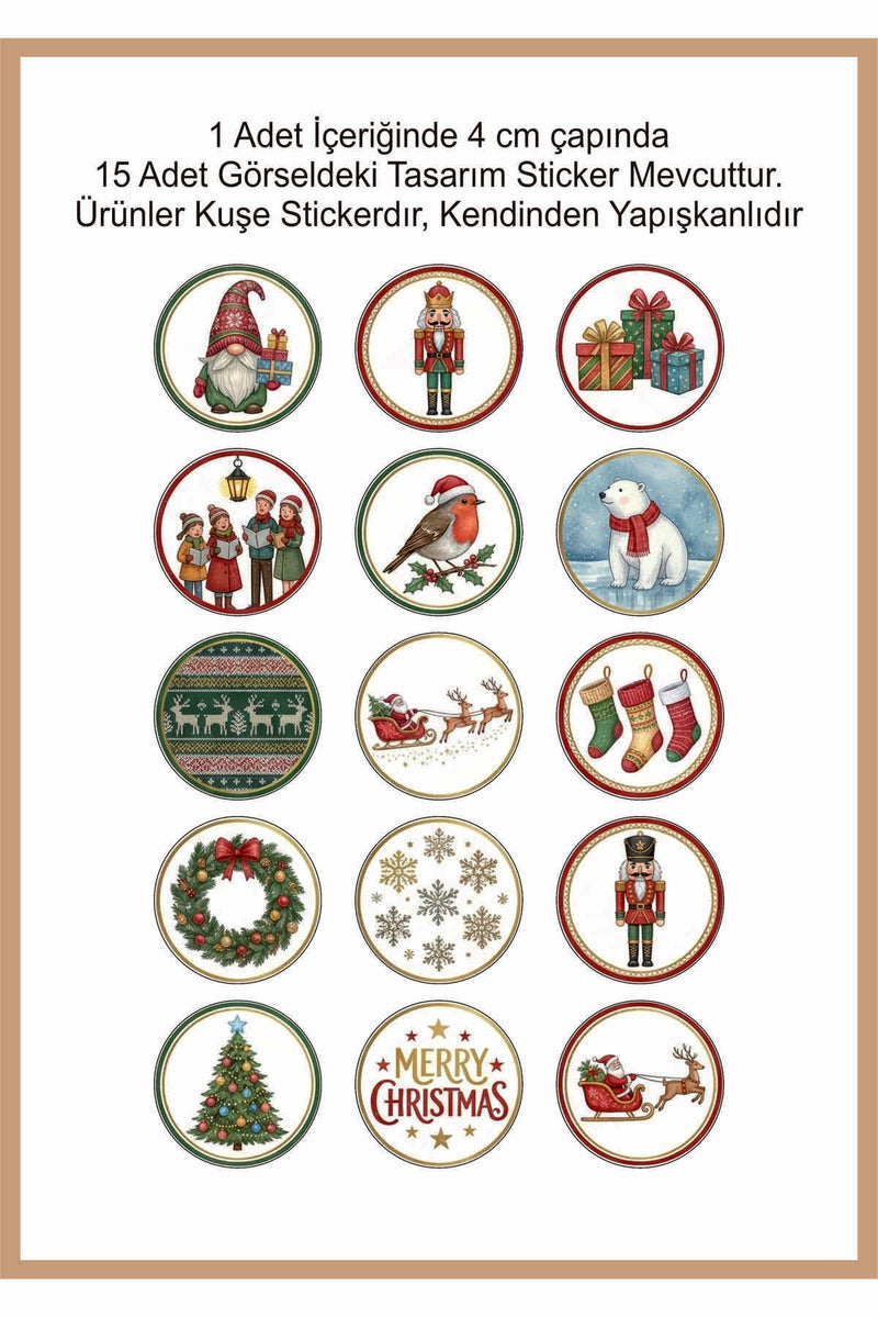 15 farklı model yılbaşı hediye sticker, paketleme üzerine süsleme, 4 cm boyut
