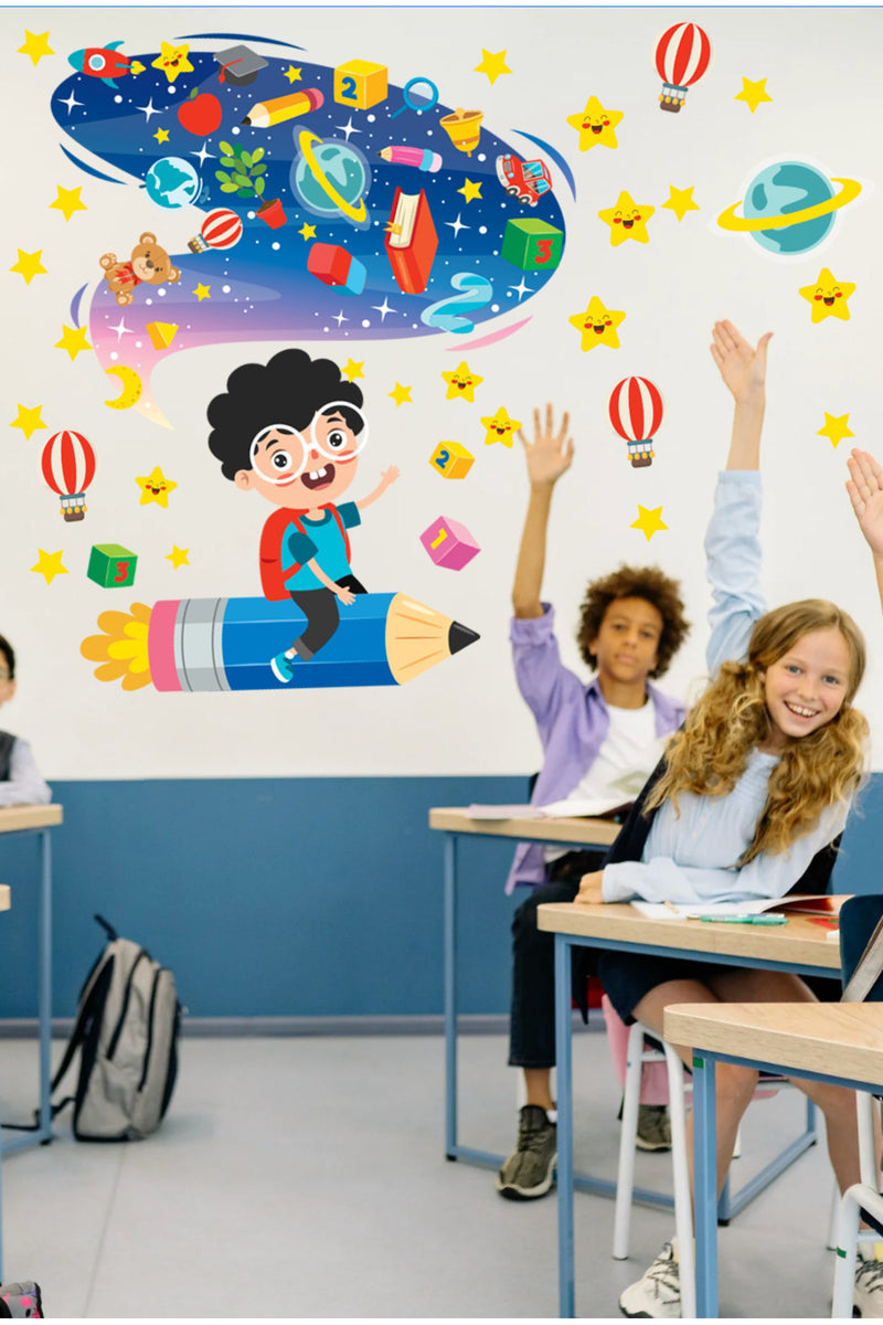 Kalem Uzay-Roket Okula Dönüş Anaokulu Kreş Okul Çocuk Odası Duvar Kapı Sticker