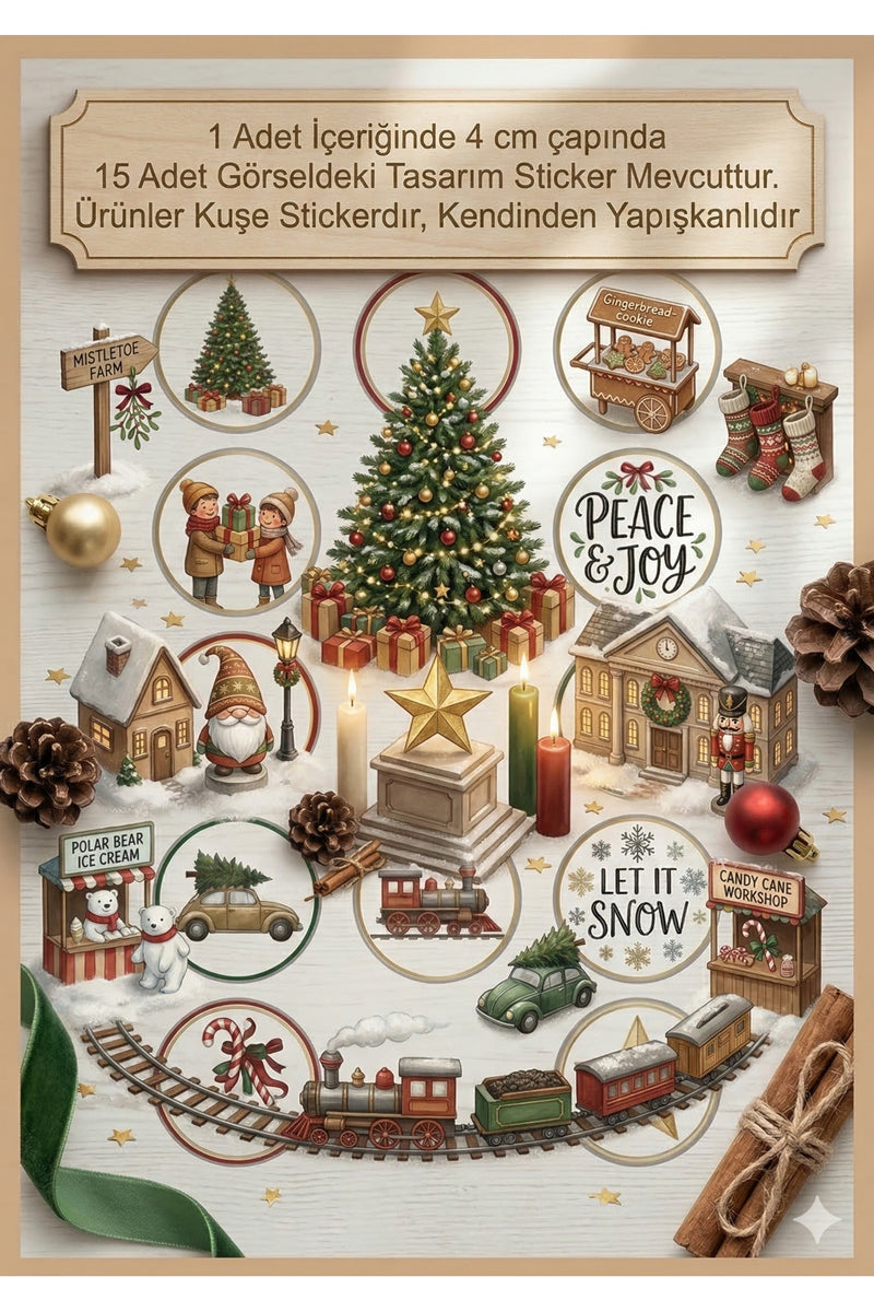 15 farklı model yılbaşı hediye sticker, paketleme üzerine süsleme, 4 cm boyut