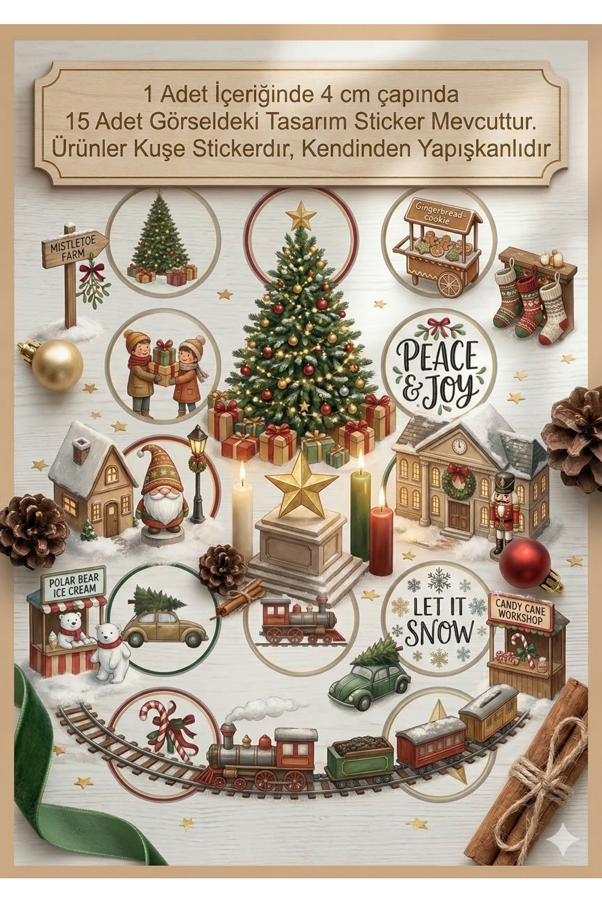 15 farklı model yılbaşı hediye sticker, paketleme üzerine süsleme, 4 cm boyut