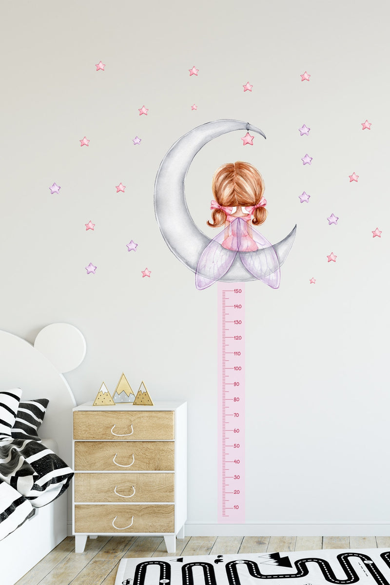 Pembe Ayda Oturan Peri Kızı Boy Ölçer Duvar Sticker Seti - Sim740