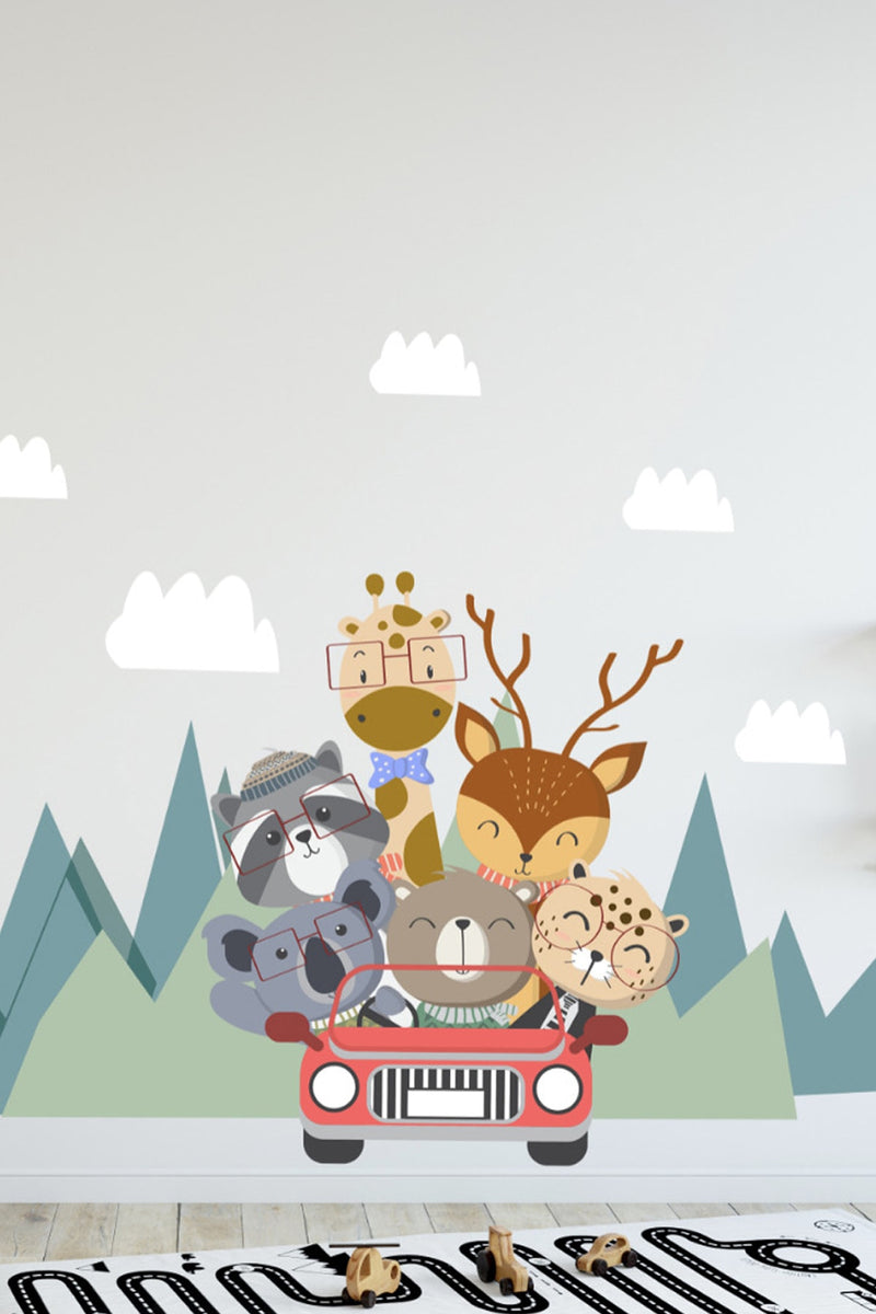 Sevimli Hayvanlar Tek Araçla Doğada Safari Turu Çocuk Odası Dekorasyon Duvar Sticker Set