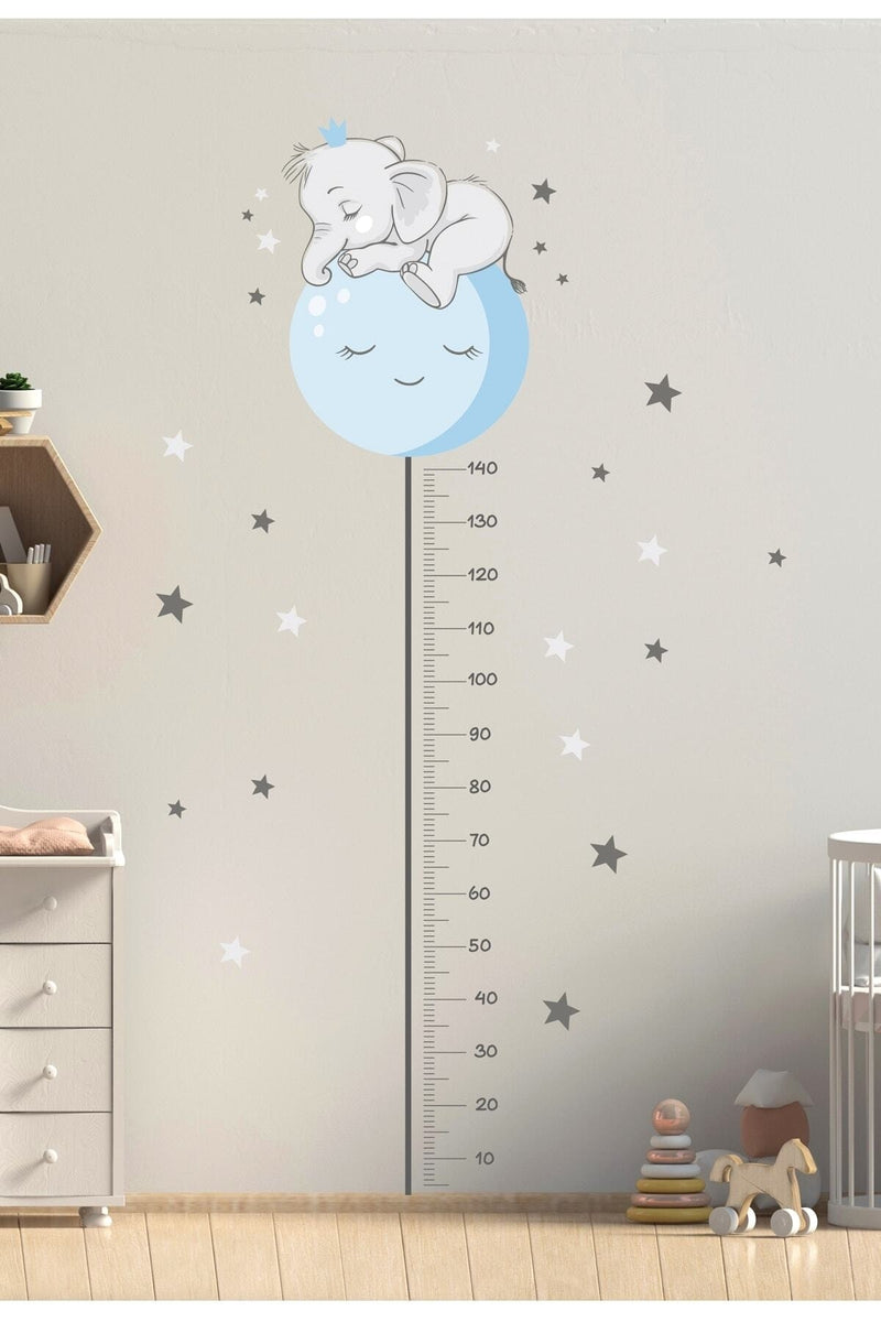 Renkli Mavi Filli Boy Ölçer Duvar Sticker Seti