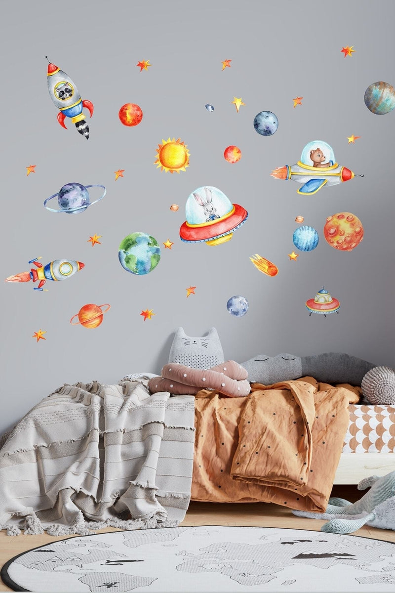 Uzay Gezegenler Astronot Hayvanlar Çocuk Odası Duvar Sticker Seti