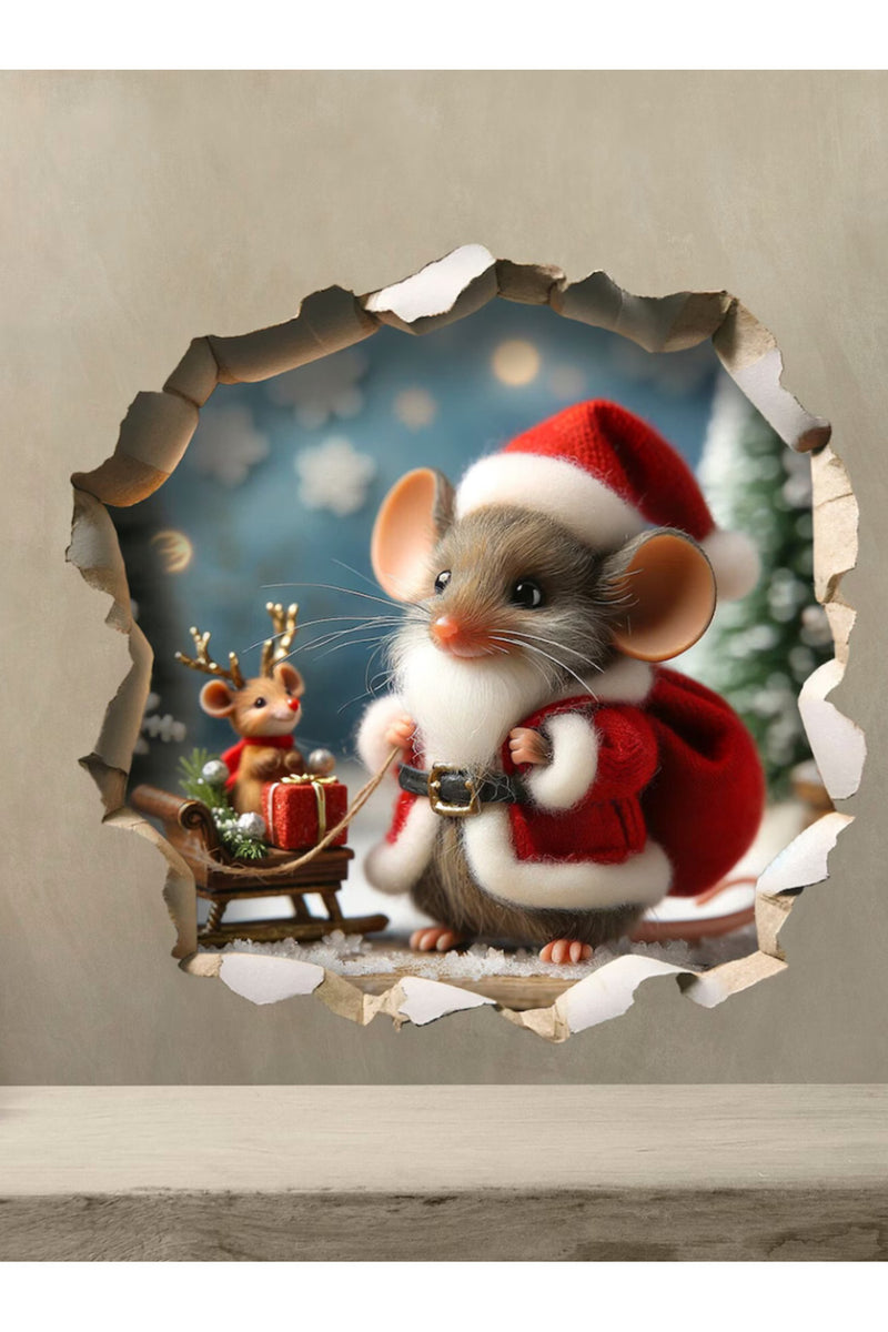 Yılbaşı Noel Kostümlü Sevimli Fare Yeniyıl Dekoratif Koridor Duvar Cam Kapı Sticker