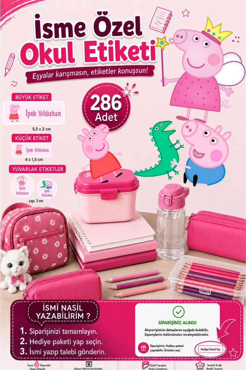 Peppa Pig Okul Etiketi Kalem Defter Etiketi Özel İsim Yazılabilen Etiket 286 Adet İsim Etiketi