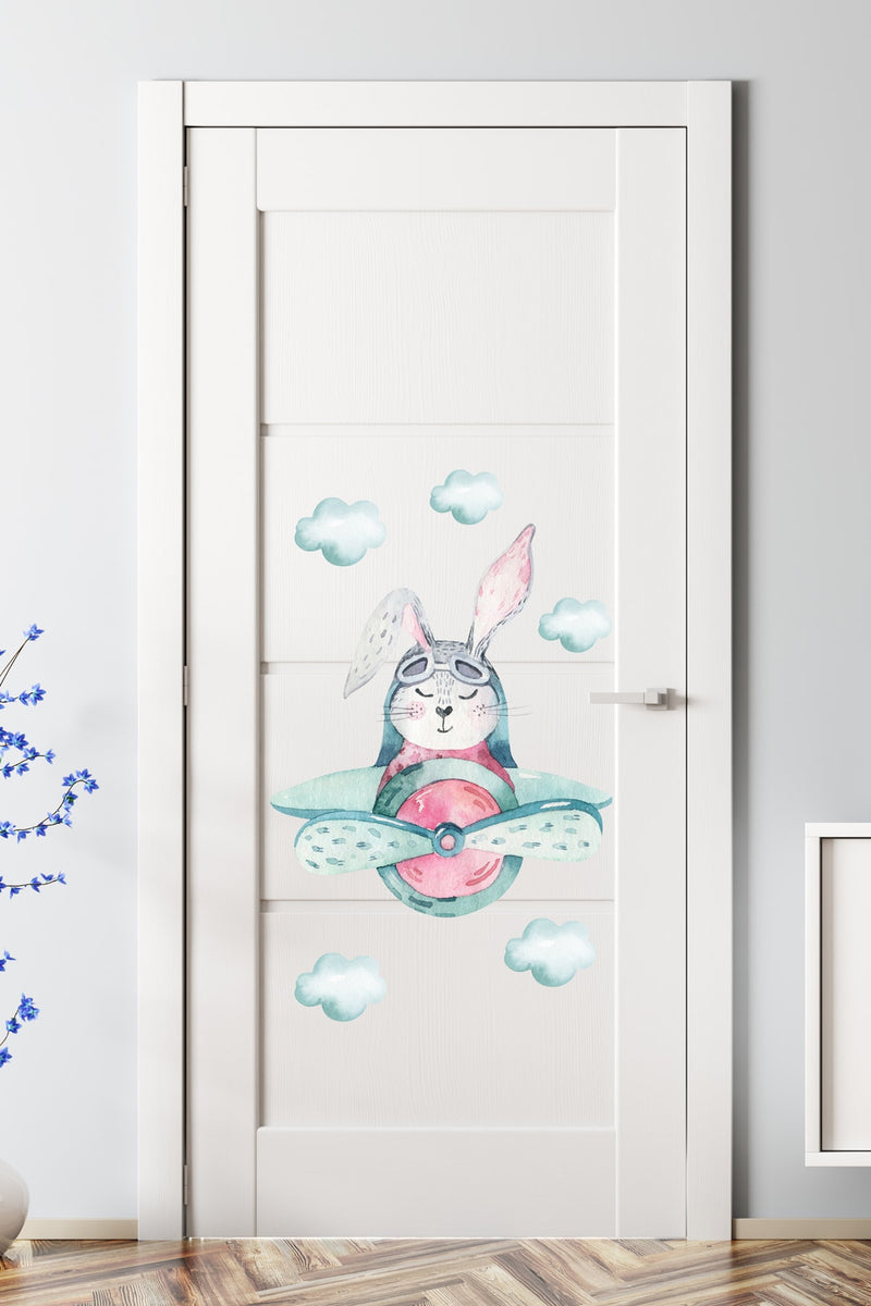 Yeşil Pilot Tavşan Erkek Çocuk Odası Kapı Dolap Duvar Sticker Seti