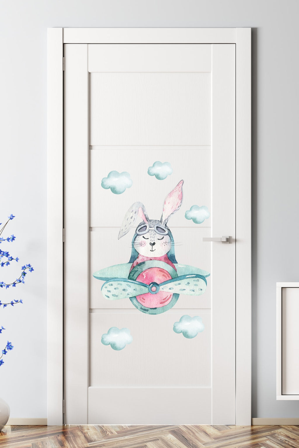 Yeşil Pilot Tavşan Erkek Çocuk Odası Kapı Dolap Duvar Sticker Seti
